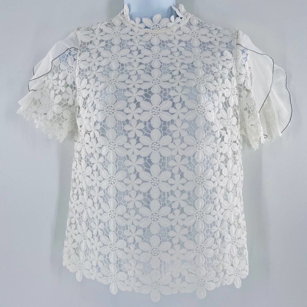 Self-Portrait Flounce Short Sleeve Daisy-Patterned Lace Mock Neck Blouse Size 2 - Picture 5 of 11